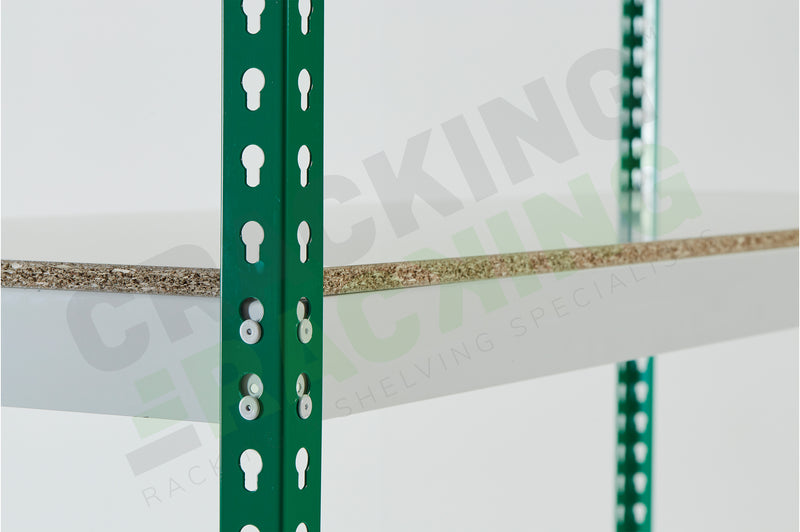 Green Rainbow Rivet Racking - Close up showing the level and posts