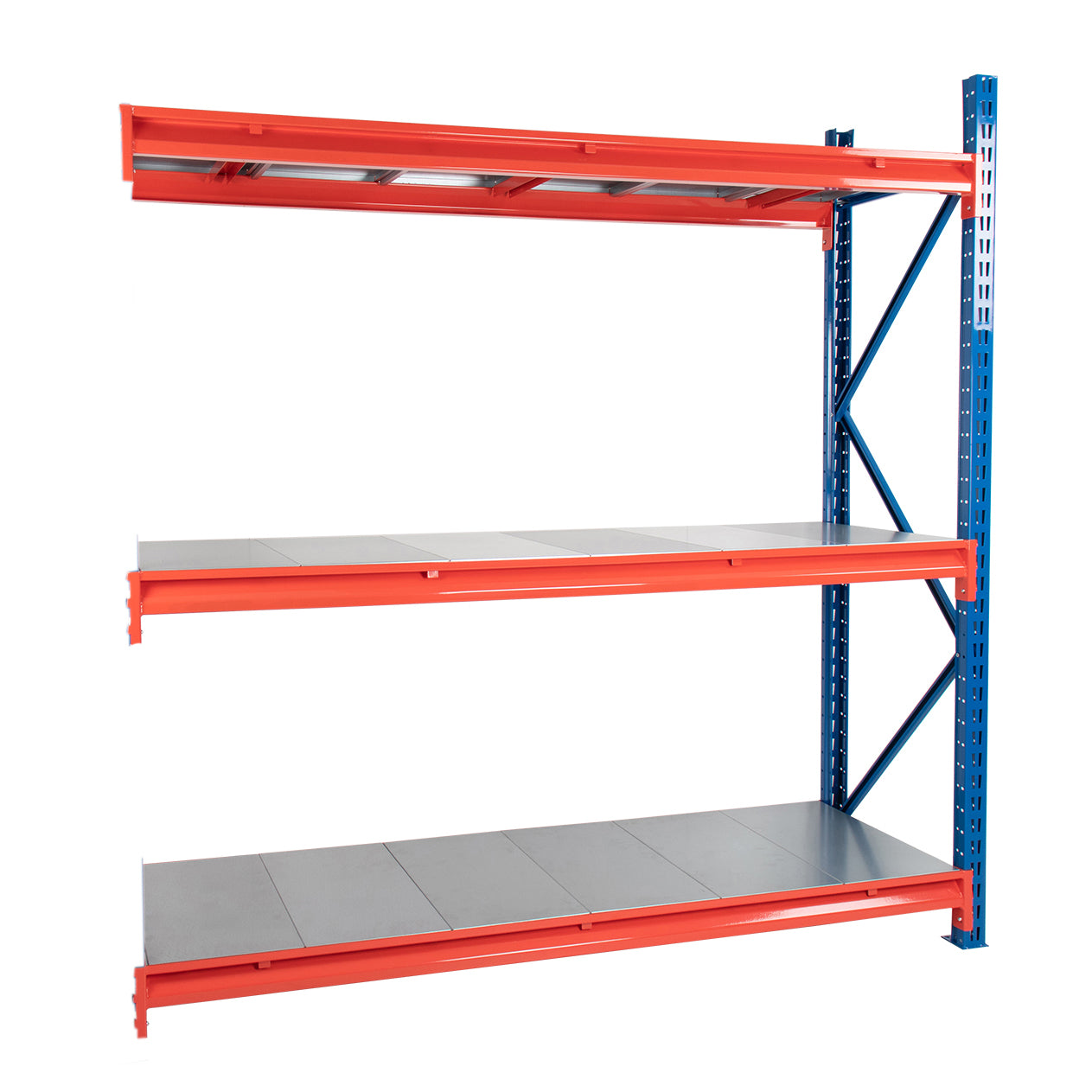 TS Longspan Racking Extension Bays - Solid Steel Decking, Blue/Orange - Longspan Racking - Cracking Racking