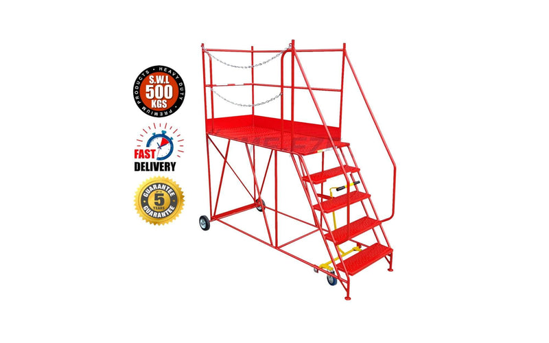 Access Platform Range - Heavy Duty Warehouse Access Platform Safety Steps - Various Sizes & Colours - 5 Treads / Red (RAL 3020) - The Cracking Racking Ltd